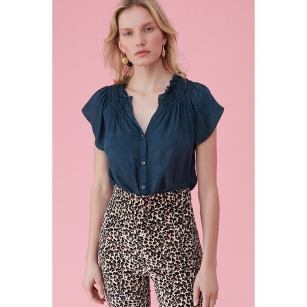 Rebecca Taylor Silk Top Blue Floral Jacquard Short Sleeve Buttons SZ 0 NWT $250